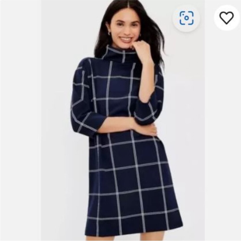 LOFT Navy & White Plaid Mini Dress window pane funnel neck tunic 60s sheath XL